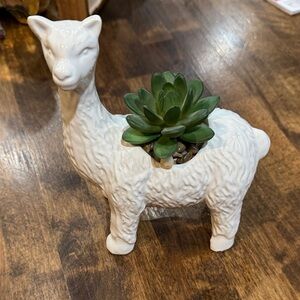 White Llama Planter with Green Succulent